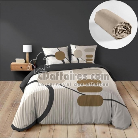 Pack Parure de couette 240 x 220 cm &ndash; Coton 42 fils &ndash; SANTANA + Drap Housse 140x190 cm Beige