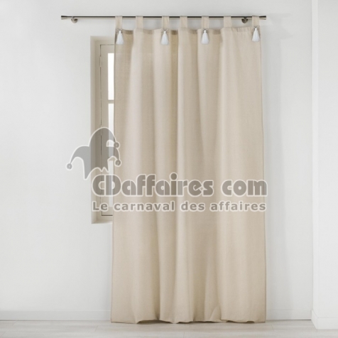 Rideau &agrave; Passants et Pompons Blancs 140 x 240 cm &ndash; Polycoton Uni &ndash; Cyrine Naturel
