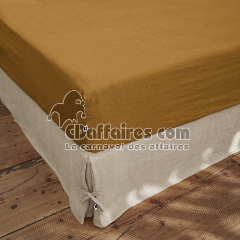 Drap Housse 140 x 190 cm &ndash; Lin Lav&eacute; Fran&ccedil;ais Luxe Soline &ndash; Caramel