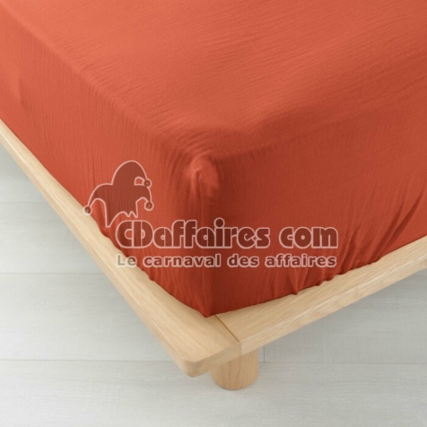 Drap-housse 2 personnes 140 x 190 cm &ndash; Gaze de Coton Uni 57 fils &ndash; Angelia Terracotta