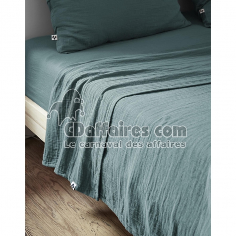 Drap Plat 240 x 300 cm &ndash; Double Gaze de Coton Luxe &ndash; Ga&iuml;a Bleu canard