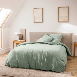 Parure de lit 3 pi&egrave;ces 240 x 220 cm en fils teints lav&eacute;s unis &ndash; Meline Sauge (60 fils)