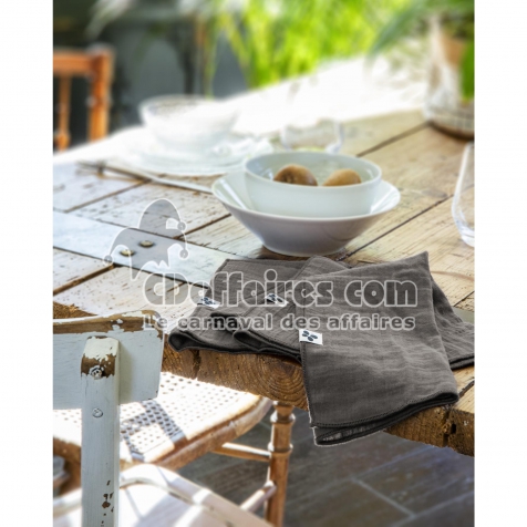 Lot de 3 Serviettes 40 x 40 cm – Double Gaze de Coton – Gaïa Anthracite