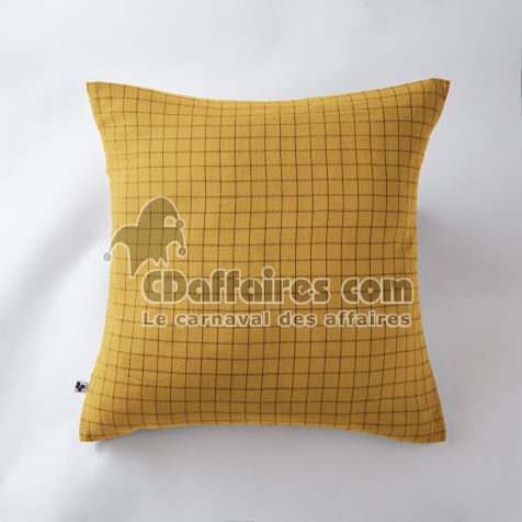 Taie d&rsquo;oreiller 60 x 60 cm &ndash; Gaze de Coton Tiss&eacute;e &ndash; Ga&iuml;a Mix &ndash; Petits Carreaux Safran