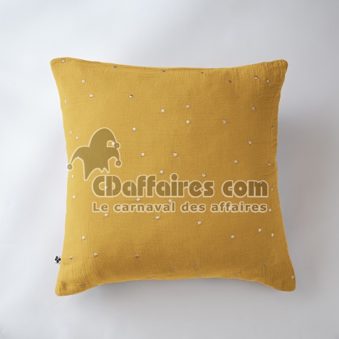 Taie d&rsquo;Oreiller 60 x 60 cm &ndash; Gaze de Coton Brod&eacute;e Fil Or &ndash; Ga&iuml;a Chic Safran