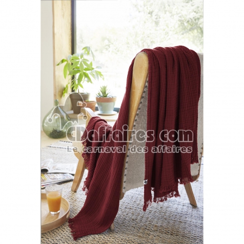 Plaid &agrave; franges 130 x 160 cm &ndash; Double Gaze de Coton &ndash; GA&Iuml;A Bordeaux