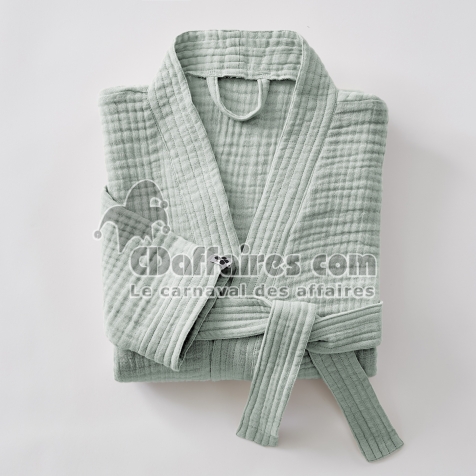 Peignoir kimono mixte L/XL en quadruple gaze de coton 220 g/m&sup2; &ndash; Ga&iuml;a Eucalyptus