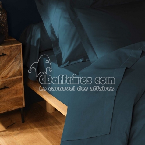 Drap plat 2 personnes 240 x 300 cm coton 57 fils Lina Bleu&ndash; Finition point bourdon