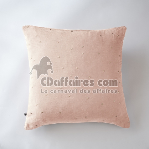 Taie d&rsquo;Oreiller 60 x 60 cm &ndash; Gaze de Coton Brod&eacute;e Fil Or &ndash; Ga&iuml;a Chic Guimauve