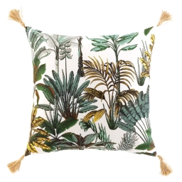 Coussin déhoussable avec pompons – 50 x 50 cm – Coton imprimé Balinesia