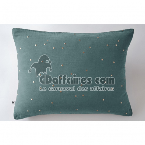 Taie d&rsquo;Oreiller 50 x 70 cm &ndash; Gaze de Coton Brod&eacute;e Fil Or &ndash; Ga&iuml;a Chic Bleu canard
