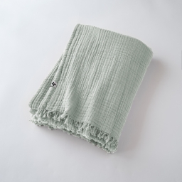 Plaid à Franges 130 x 160 cm en Gaze de Coton Unie – Gaïa Eucalyptus