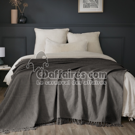 Plaid 180 x 220 cm &ndash; Coton Textur&eacute; Sixtine &ndash; Coloris Gris Ardoise &ndash; 210 g/m&sup2;