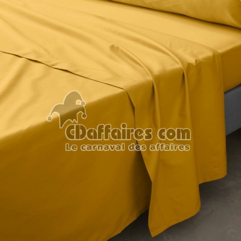Drap plat 2 personnes 240 x 300 cm &ndash; Percale de coton 78 fils &ndash; Coloris Curry
