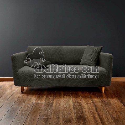 Housse de canap&eacute; extensible 225 x 245 x 60 cm &ndash; Polyester gaufr&eacute; uni &ndash; Mod&egrave;le SACHA Anthracite