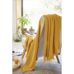 Plaid à franges 130 x 160 cm – Double Gaze de Coton – GAÏA Safran
