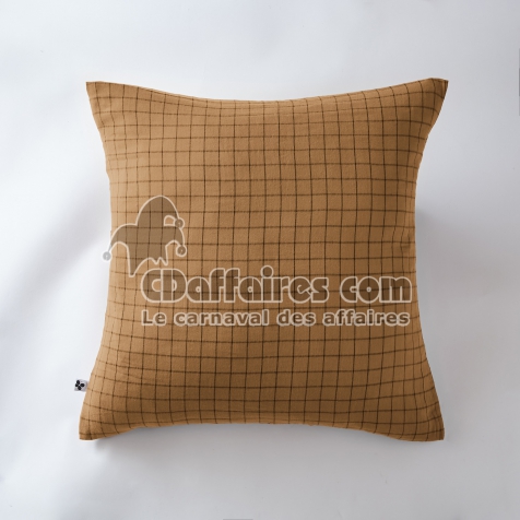 Taie d&rsquo;oreiller 60 x 60 cm &ndash; Gaze de Coton Tiss&eacute;e &ndash; Ga&iuml;a Mix &ndash; Petits Carreaux Camel
