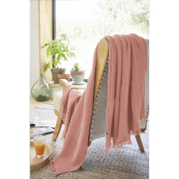 Plaid à franges 130 x 160 cm – Double Gaze de Coton – GAÏA Rose Pêche