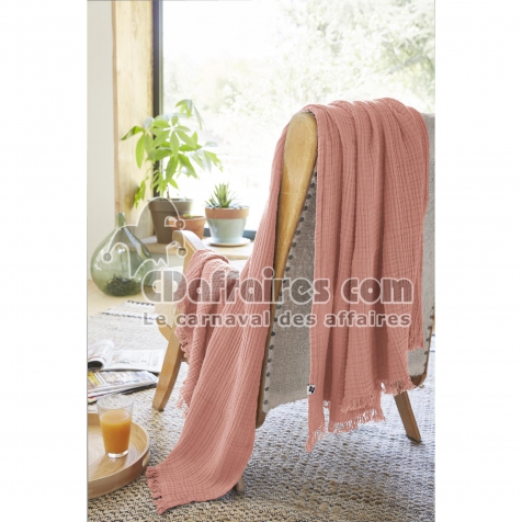 Plaid &agrave; franges 130 x 160 cm &ndash; Double Gaze de Coton &ndash; GA&Iuml;A Rose P&ecirc;che