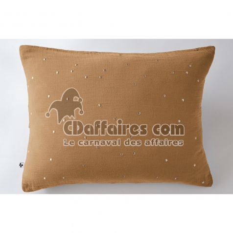Taie d&rsquo;Oreiller 50 x 70 cm &ndash; Gaze de Coton Brod&eacute;e Fil Or &ndash; Ga&iuml;a Chic Camel
