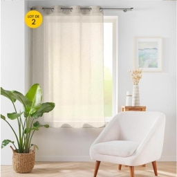 Lot de 2 voilages petite hauteur &agrave; &oelig;illets 140 x 180 cm &ndash; Voile tiss&eacute; &Eacute;ole Beige &ndash;