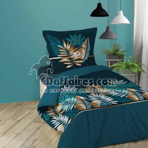 Housse de couette 140 x 200 cm en coton &ndash; Alianor Bleu &ndash; Imprim&eacute; tropical chic