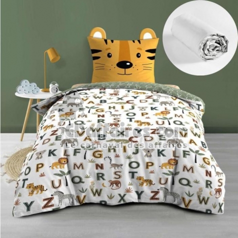 Pack Parure de lit enfant 140 x 200 cm + Drap Housse 90x190 cm &ndash; TIGRY &ndash; 100% coton
