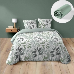 Pack Parure de couette VOLTINE 240 x 220 cm – Coton 42 fils – + Drap Housse 140x190 cm Sauge