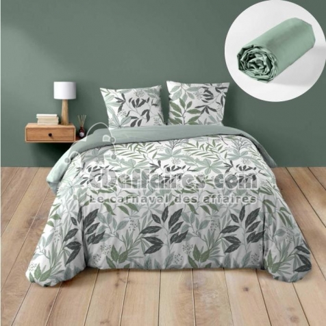 Pack Parure de couette VOLTINE 240 x 220 cm &ndash; Coton 42 fils &ndash; + Drap Housse 140x190 cm Sauge