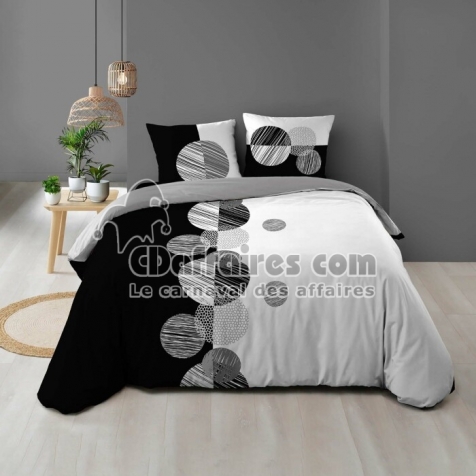 Housse de Couette 260 x 240 cm + 2 Taies &ndash; 100 % Coton 57 Fils &ndash; Stormi Noir & Blanc