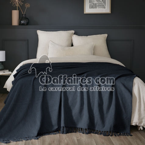 Plaid 180 x 220 cm – Coton Texturé Sixtine – Coloris Bleu Minuit – 210 g/m²