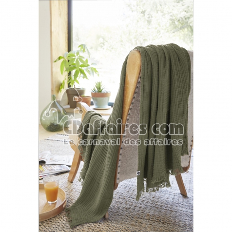 Plaid &agrave; franges 130 x 160 cm &ndash; Double Gaze de Coton &ndash; GA&Iuml;A Romarin