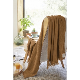 Plaid &agrave; franges 130 x 160 cm &ndash; Double Gaze de Coton &ndash; GA&Iuml;A Camel