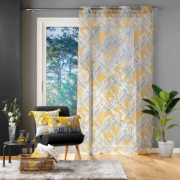 Voilage &agrave; &OElig;illets 140x240 cm &ndash; Voile Sabl&eacute; Imprim&eacute; Feuillage Isibelle Jaune