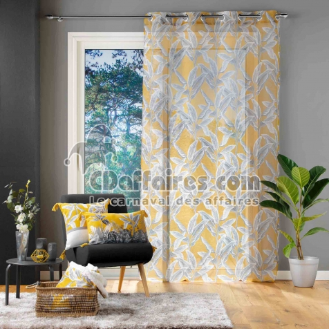 Voilage &agrave; &OElig;illets 140x240 cm &ndash; Voile Sabl&eacute; Imprim&eacute; Feuillage Isibelle Jaune