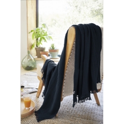 Plaid à franges 130 x 160 cm – Double Gaze de Coton – GAÏA Minuit