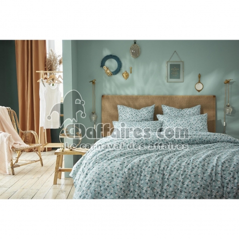 Housse de Couette 260 x 240 cm &ndash; Double Gaze de Coton Imprim&eacute;e Marguerite Bleu