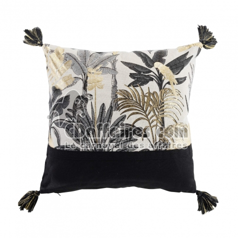 Coussin d&eacute;houssable avec pompons &ndash; 40 x 40 cm &ndash; Coton imprim&eacute; m&eacute;tallis&eacute; Karaba