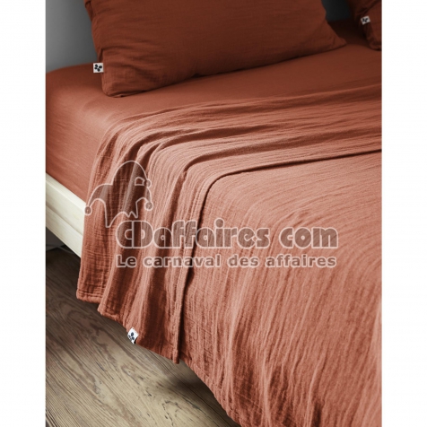 Drap Plat 240 x 300 cm &ndash; Double Gaze de Coton Luxe &ndash; Ga&iuml;a Terracotta