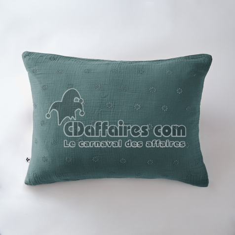 Taie d&rsquo;Oreiller Brod&eacute;e 50 x 70 cm &ndash; Gaze de Coton &ndash; Ga&iuml;a Boho Bleu canard