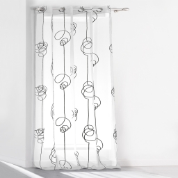 Voilage &agrave; &OElig;illets 140 x 240 cm &ndash; Voile Imprim&eacute; Transfert Looping Blanc/Noir