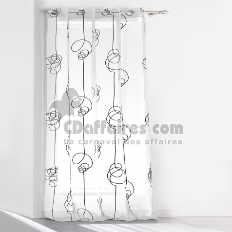 Voilage &agrave; &OElig;illets 140 x 240 cm &ndash; Voile Imprim&eacute; Transfert Looping Blanc/Noir