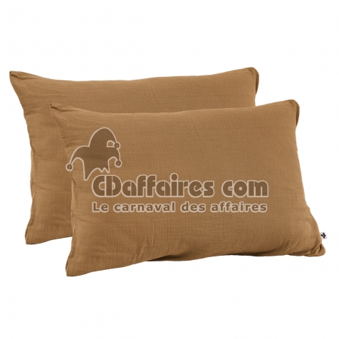 Lot de 2 Taies d&rsquo;Oreiller en Double Gaze de Coton &ndash; 50 x 70 cm &ndash; Camel