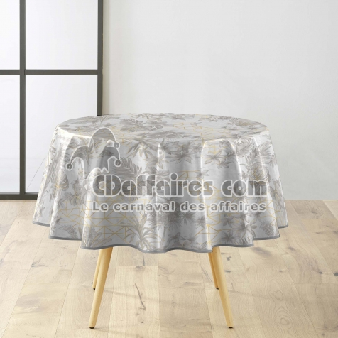 Nappe ronde &Oslash;160 cm PVC imprim&eacute; &ndash; Finition biais &ndash; M&eacute;tallis&eacute; Coconut Gris