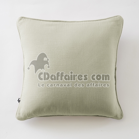Coussin d&eacute;houssable 45 &times; 45 cm &ndash; Gaze de coton unie GA&Iuml;A &ndash; Passepoil & Zip Vert d'eau