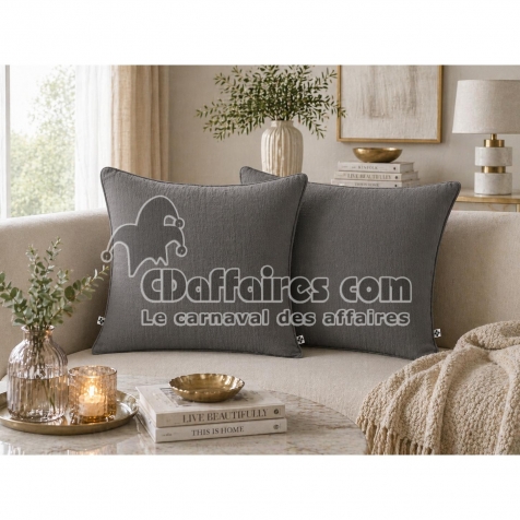 Lot de 2 coussins 45 x 45 cm gaze de coton Granit &ndash; D&eacute;houssables zip &ndash; Passepoil