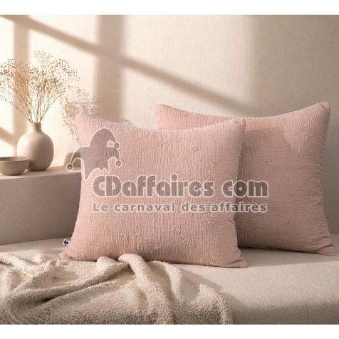 Lot de 2 Taies d&rsquo;Oreiller 60 x 60 cm &ndash; Gaze de Coton Brod&eacute;e &ndash; GA&Iuml;A BOHO Guimauve