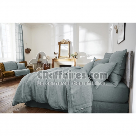 Drap plat 240 x 300 cm &ndash; Lin lav&eacute; Fran&ccedil;ais - SOLINE Azur