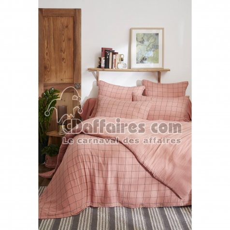 Housse de couette r&eacute;versible 240 x 220 cm &ndash; Gaze de coton tiss&eacute;e-teinte GA&Iuml;A MATCH &ndash; Rose P&ecirc;che