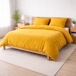 Parure de lit 240 x 220 cm Sienna Jaune + 2 taies 63x63 cm &ndash; Double face gaze de coton & coton 57 fils